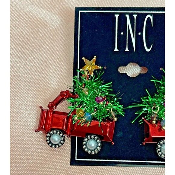 INC International Concepts Festive Red Pick-Up Truck Xmas Tree Stud Earrings - Picture 2 of 3